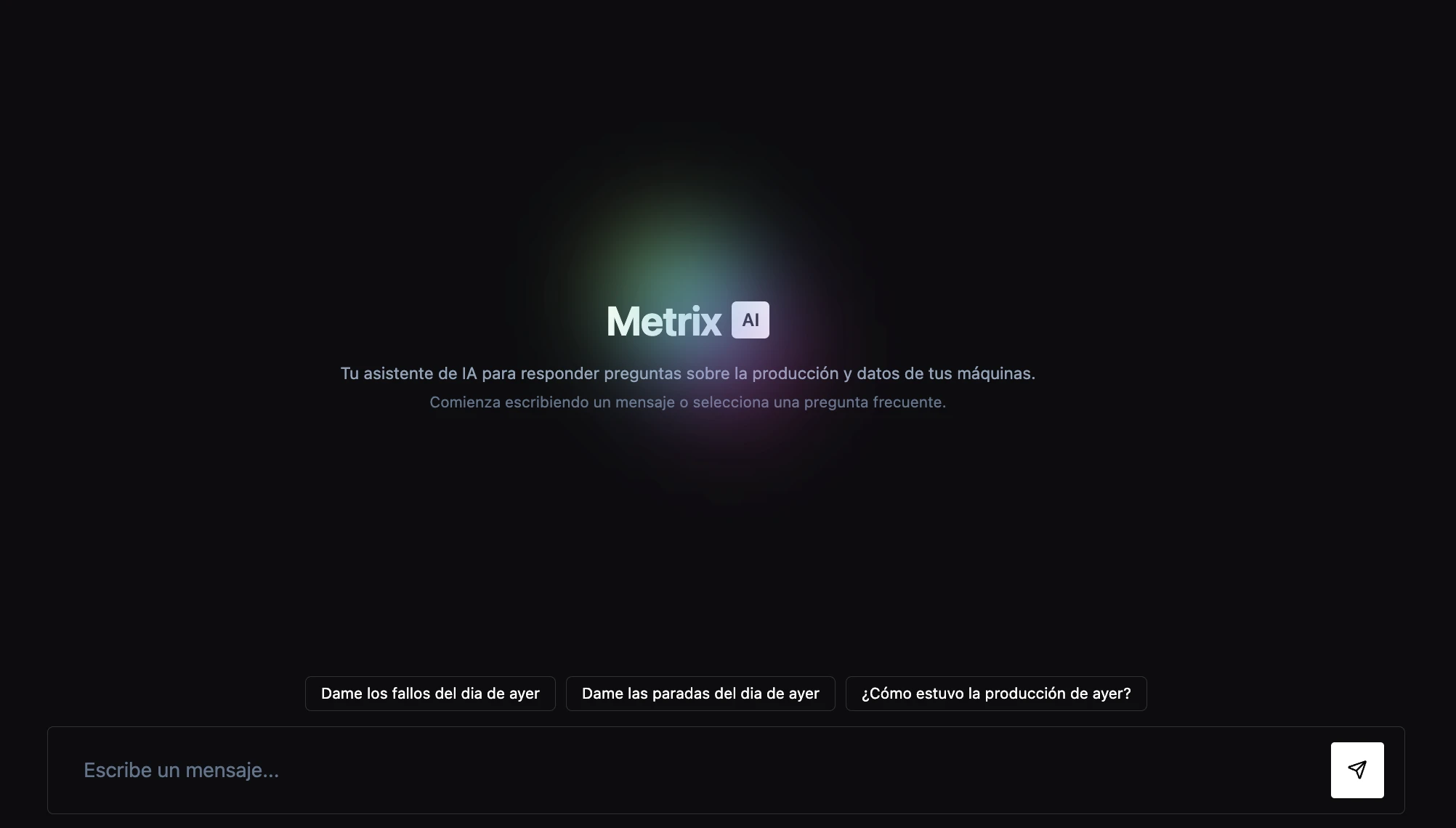 Metrix AI - Interfaz de chat con preguntas sugeridas sobre producción