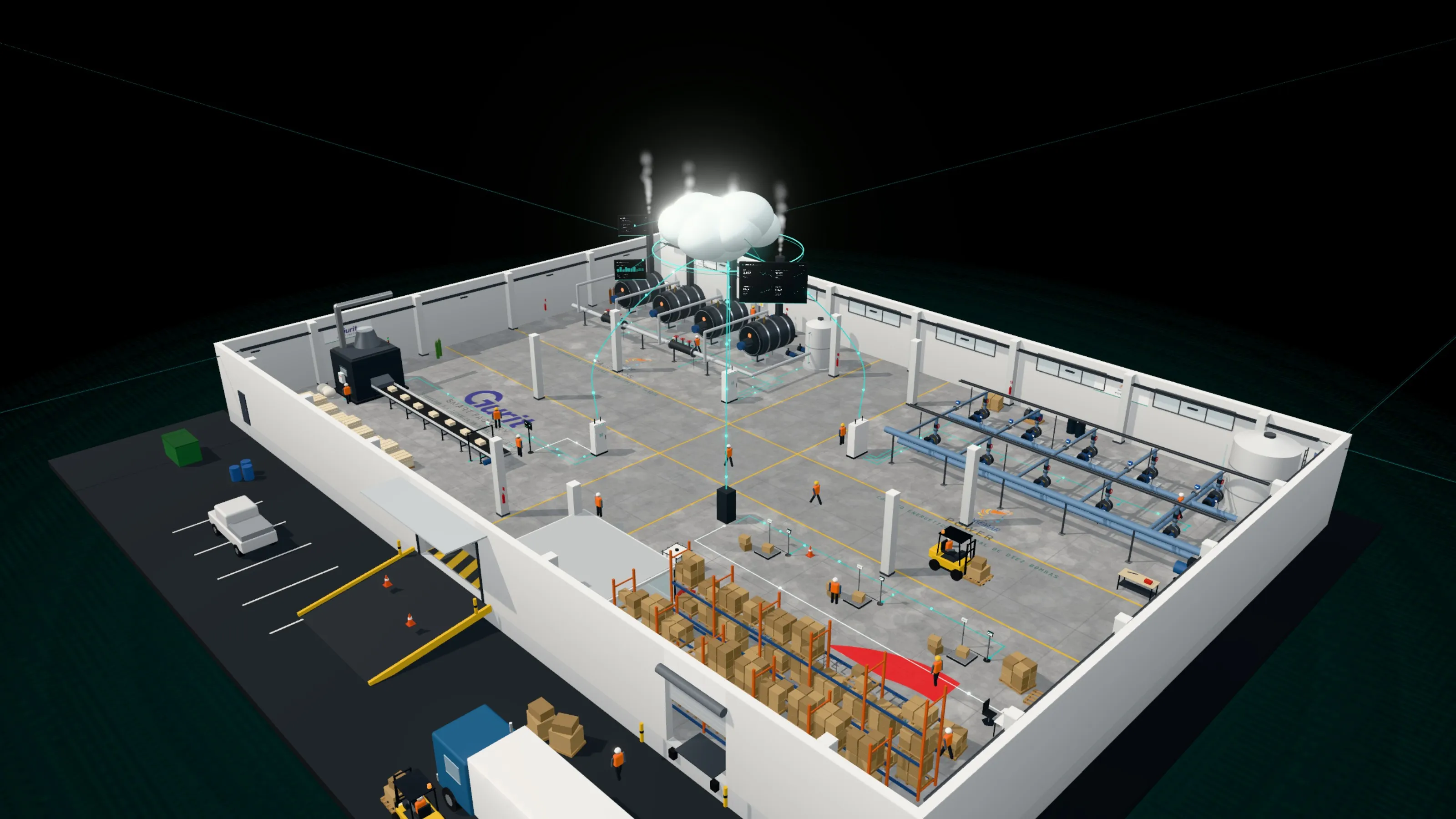 Maqueta 3D de una planta industrial con sensores Metrix conectados a MetrixCloud